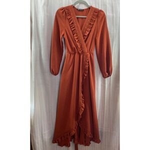 Simplee Women Rust Orange Ruffle Maxi Dress Long Sleeve Belted S Boho Romantic